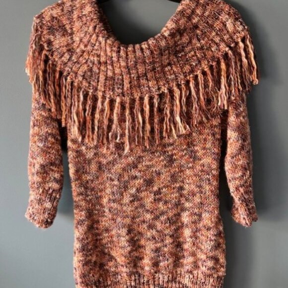 New York & Co L Brown Orange Shawl Collar Fringe Ribbed Fall Knit Boho Heritage - Picture 1 of 5
